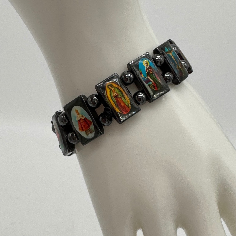 Vintage Catholic All Patron Saints Icon Bracelet Hematite Stone Stretch Panel 7"